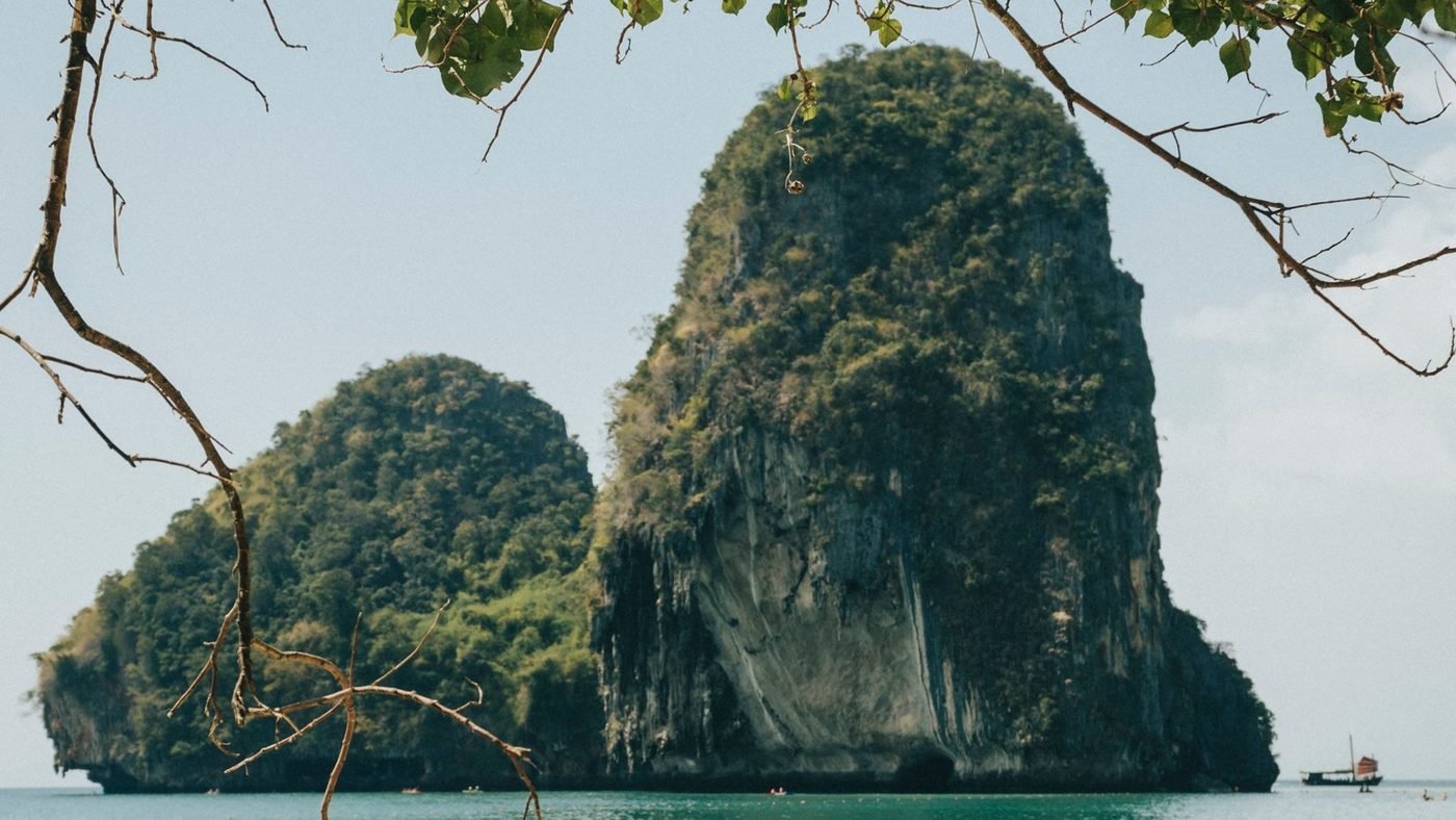 Two limestone islets offshore, seen from under an overhanging cliff, framed by branches