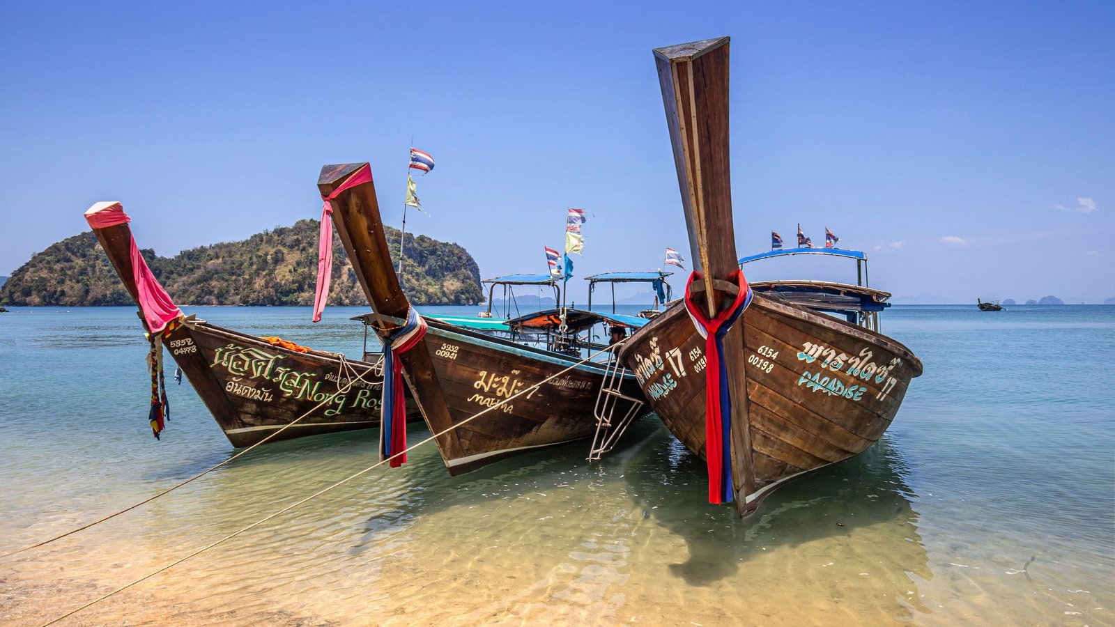 Three wooden longtail boats moored in clear shallow water, with a wooded island behind