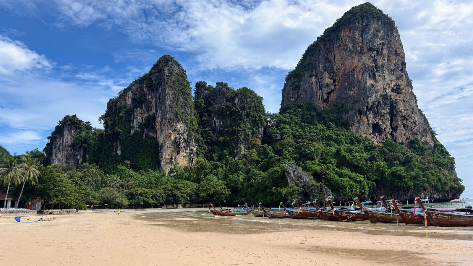 Longtails alignés à marée basse sur la plage de Railay, au pied des pitons calcaires