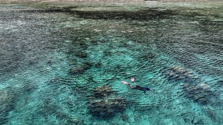 Un nageur avec masque et tuba qui flotte au-dessus de massifs de corail, dans une eau turquoise et limpide