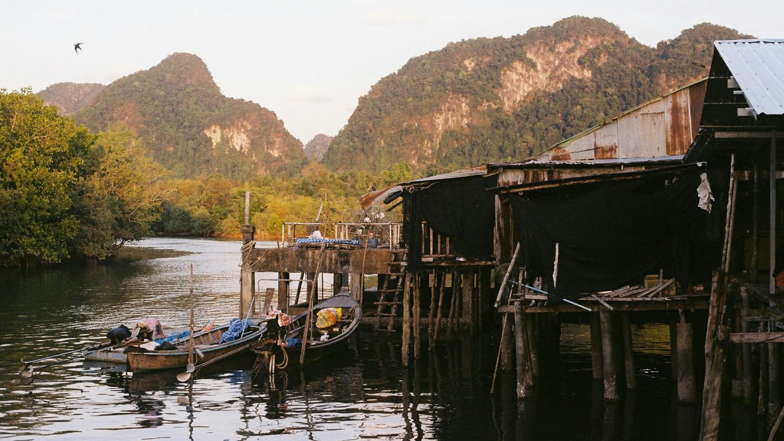 Maisons sur pilotis et longtails amarrés sur une rivière à mangrove de la province de Krabi, collines calcaires derrière